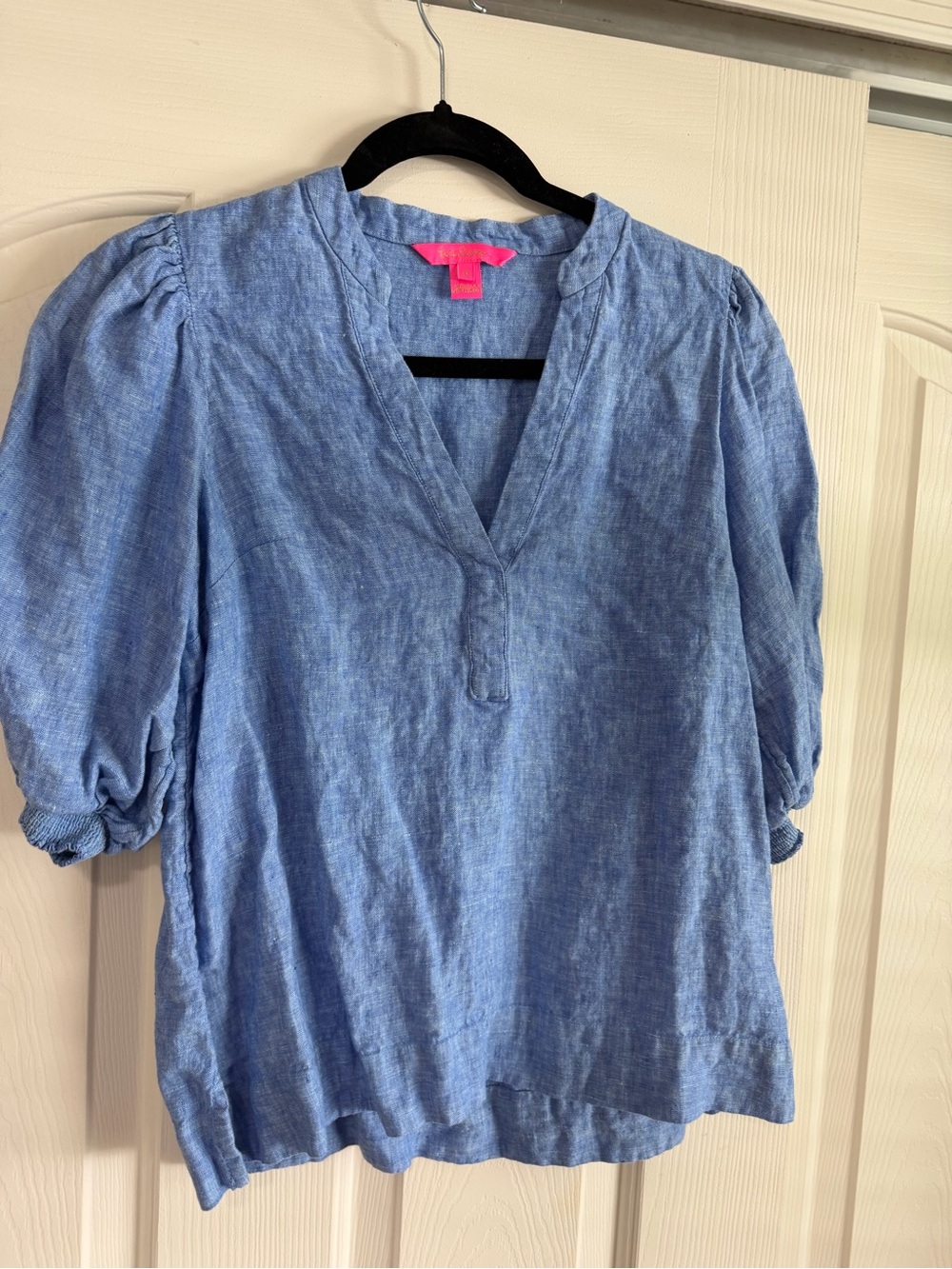 Lilly Pulitzer Mialeigh Elbow Sleeve Linen Top Beckon Blue Sea Salt - Picture 3 of 7